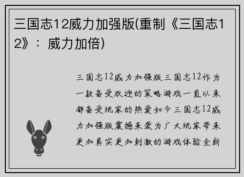 三国志12威力加强版(重制《三国志12》：威力加倍)